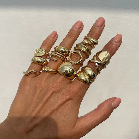 Fashion Vintage Metal Rings For Women Gift Punk Hip Hop Gold Silver Color Irregular Knuckle Joint Ring 14pcs/set