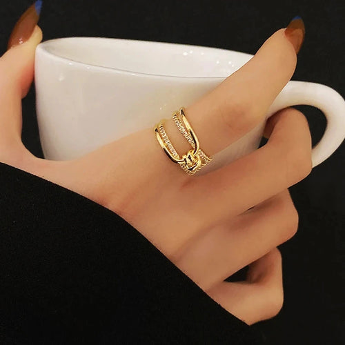Irregular Hollow Opening Rings For Women Shiny Zircon Gold Color Copper Geometric Ring Fashion Simple Party Jewelry Gift