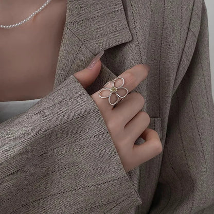 925 Sterling Silver Rings for Women Couple Minimalist Handmade Simple Big Flower Ring Party Jewelry Gift Prevent Allergy