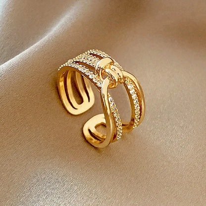 Irregular Hollow Opening Rings For Women Shiny Zircon Gold Color Copper Geometric Ring Fashion Simple Party Jewelry Gift