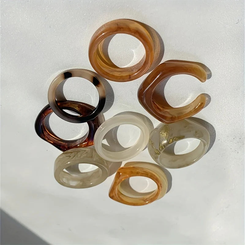 9-piece Bohemian retro style resin material multi-color ring, fashionable and elegant for women, can be stacked and worn