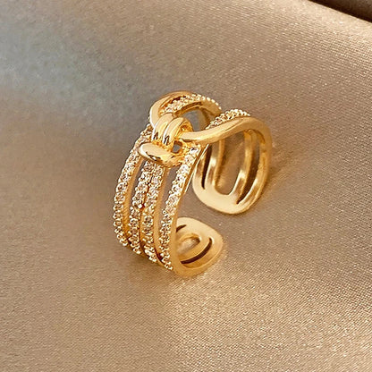 Irregular Hollow Opening Rings For Women Shiny Zircon Gold Color Copper Geometric Ring Fashion Simple Party Jewelry Gift